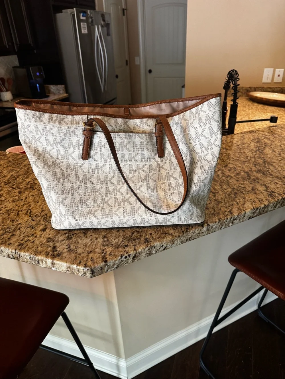 Michael Kors White Logo Tote with Brown Trim